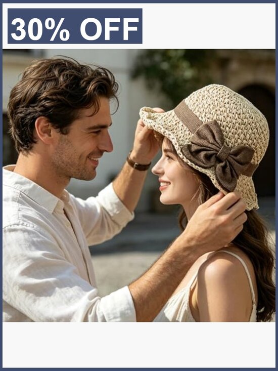 Woven Straw Sun Hat with Retro Bow, Wide Brim Packable Travel Bucket Hat main image 7